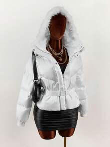 Amplova Women's White Winter Puffer Jacket With Belt,Elegant Casual Hooded Solid Color Long Sleeve Jacket For Thanksgiving,New Year Occasion Clothes - Multicolor - View 12