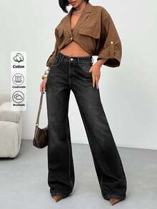 EURMUSE 高腰复古水洗直筒牛仔裤 - 黑色 - 查看 1