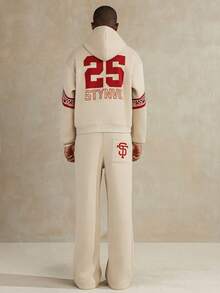 STYNVO 男士休闲印花连帽衫套装 男士两件套 连帽衫和运动裤 男士运动套装 男士连帽衫套装 - 米色 - 查看 1