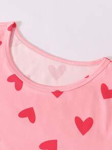 少女心形印花长袖和裤子睡衣套装 - 粉色 - 查看 3