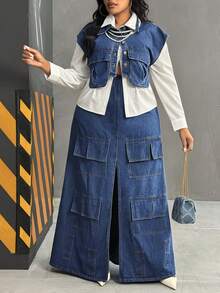 Slaydiva Spring Plus Size Women Cowgirl Style Blue Denim High Slit Skirt With Multiple Pockets, Spring - Dark Wash - View 1