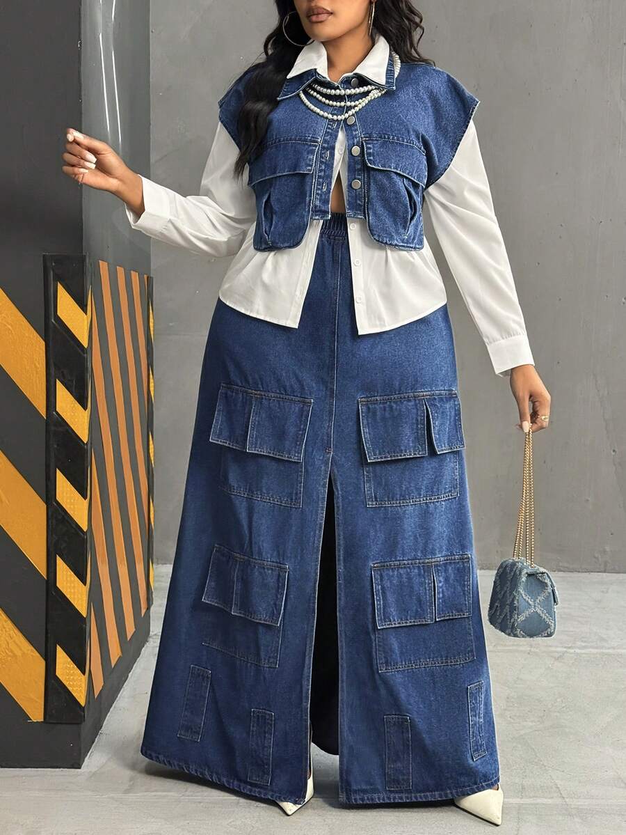 Slaydiva Spring Plus Size Women Cowgirl Style Blue Denim High Slit Skirt With Multiple Pockets, Spring - Dark Wash - View 1