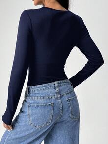 SHEIN EZwear Plus Size Casual Solid Color Long Sleeve Bodysuit Autumn/Winter,Christmas,New Year,Thanksgiving,Party,Wedding,Beach,Graduati,Chic,Elegant,Casual,Going Out,Date,Appointment,Commute - Navy Blue - View 2