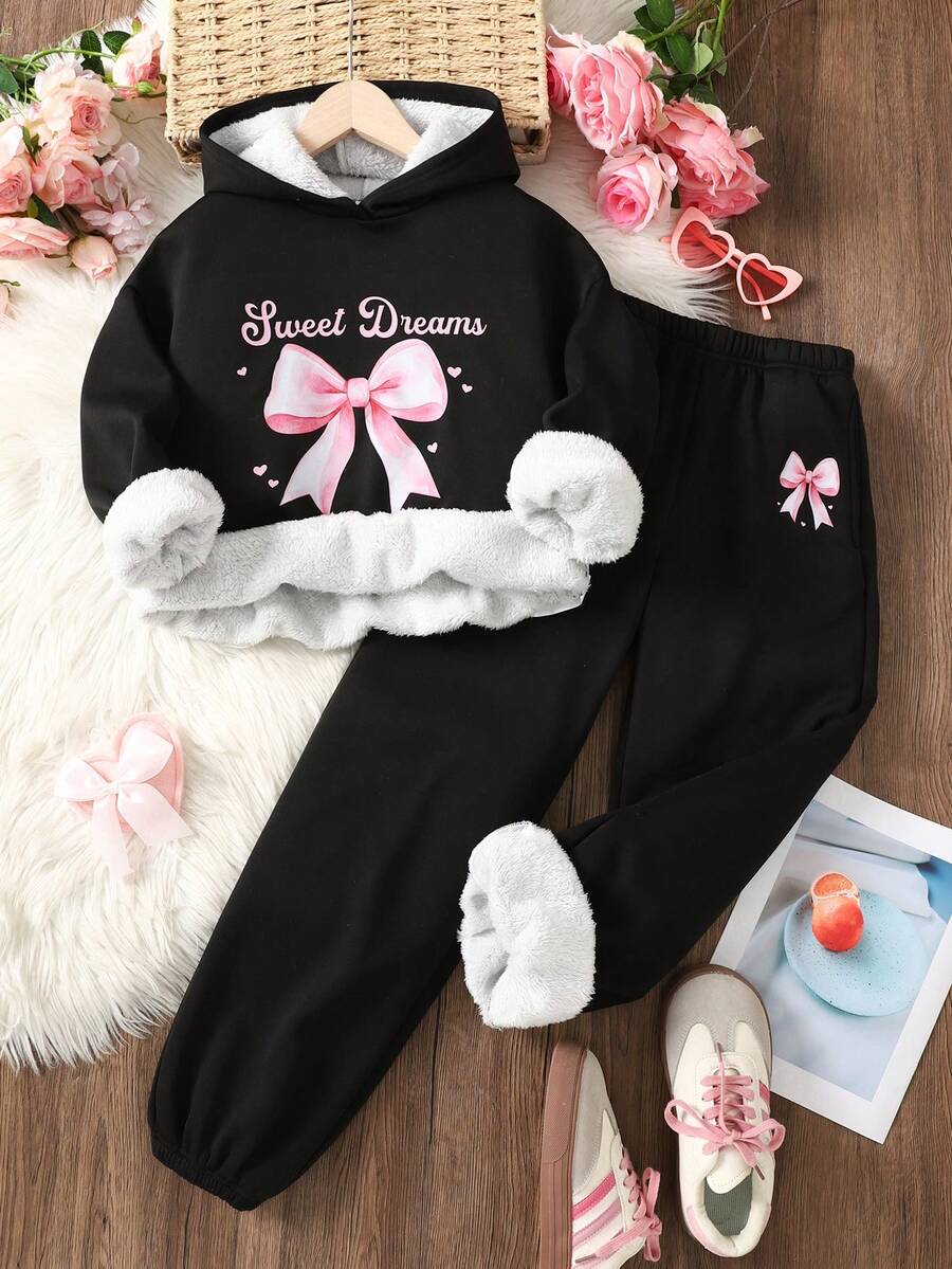 SHEIN Tween Girls' Loose Casual Minimalist Comfortable Thermal Lined Hoodie Sweatshirt And Jogger Pants Set - Black - View 1