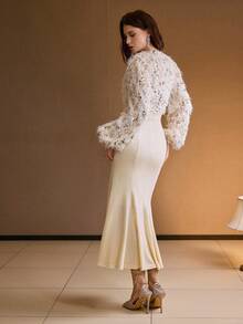 MOTF PREMIUM Váy xếp ly đính sequin thanh lịch dành cho nữ, mùa thu/đông - Màu be - Xem 6