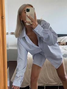 Livesso Striped Loose Long Sleeve Button Down Boyfriend Shirt For Women Summer,Back To School Clothes - Navy Blue - View 5