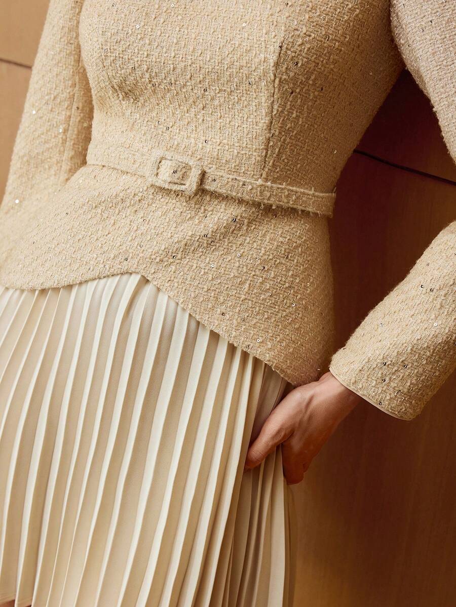 MOTF PREMIUM TWEED BODICE PLEATED HEM BUCKLE BELTED ELEGANT COMMUTING DRESS - Yellow - View 2