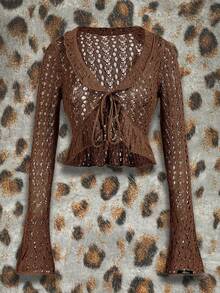 Y2Kool BiGraphic Suéter de mujer con cuello en V y ribete de volantes, blusa de encaje marrón, blusa de ganchillo marrón, blusa de manga larga marrón, blusa de punto marrón, blusa marrón de mujer para el invierno de uso casual