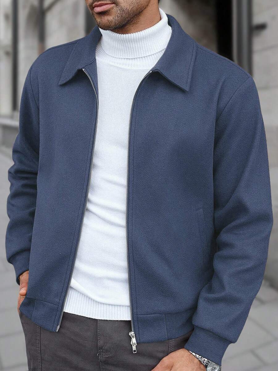 Manfinity CasualCool 男士纯色简约休闲长袖夹克,拉链开襟,冬季必备 - 藍色 - 查看 1