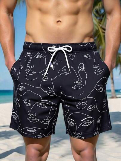 Manfinity VDAYZ Men's Abstract Face Print Drawstring Waist Pocket Beach Shorts Men Beachwear Graphic Swim Shorts Men Black Swim Trunks Men Swim Trunk Graphic Men Beach Shorts
