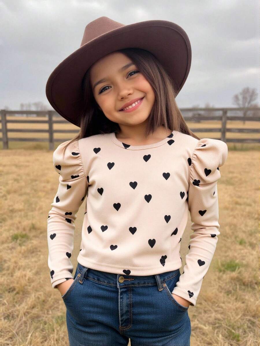 SHEIN Emery Rose Kids 少女心形图案方领羊腿袖休闲T恤 - 杏色 - 查看 1