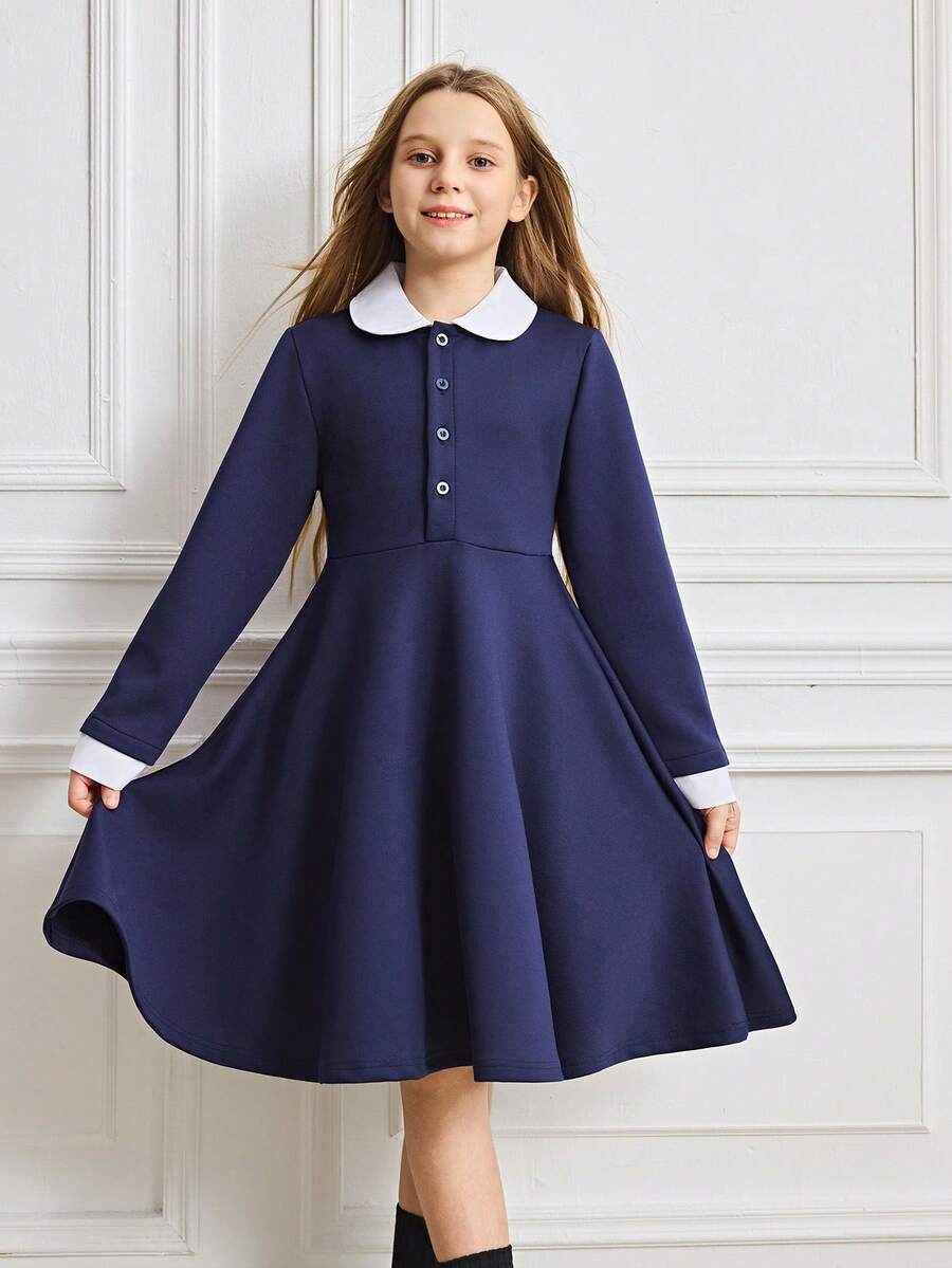 Tween Girl Colorblock Peter Pan Collar Raglan Sleeve Half-Placket Ruffle Hem Fashion Dress - Navy Blue - View 1