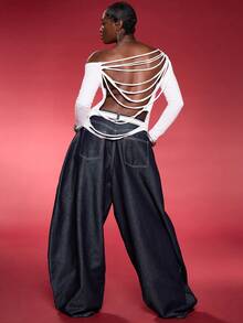 Normani 不对称领口撕破后背长袖针织超大上衣，假日，度假，伊比沙岛，节日，狂欢，酷女孩，沉船外出上衣俱乐部万圣节派对 - 白色 - 查看 4