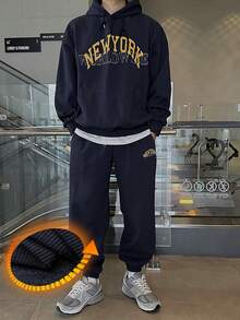 DAZY Navy Blue Men's Letter Print Thermal Lined Hoodie Set, Autumn/Winter - Navy Blue - View 2
