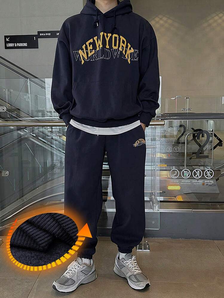 Navy Blue Men's Letter Print Thermal Lined Hoodie Set, Autumn/Winter