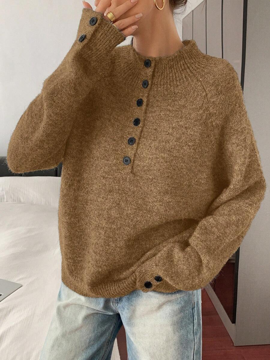 DAZY 柔软舒适的女士高领灰色毛衣,复古风格冬季打底衫 - 棕色 - 查看 1