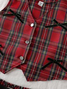 SHEIN Bộ 3 áo vest không tay cài nút, áo thun cổ lọ tay dài có gân và chân váy xếp ly kèm thắt lưng cho bé gái - Đỏ - Xem 7