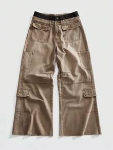 ROMWE MEN Street Life Men's Loose Fit Patchwork Waistband Cargo Jeans - Khaki - View 1