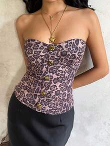 SHEIN Unity Women's Leopard Print Bandeau Top, Fashionable Outdoor Street Style Sexy Nightclub Metal Buckle Decor, Autumn - Multicolor - View 7