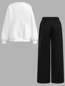 Girlism Teen Girls' Basic Casual Letter Print Sweatshirt Set, Black & White - Black and White - View 2