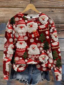 SHEIN LUNE Sweat-shirt-shirt ample à col rond à manches longues avec imprimé Père Noël, style minimaliste décontracté. Convient pour l'automne, l'hiver et Noël