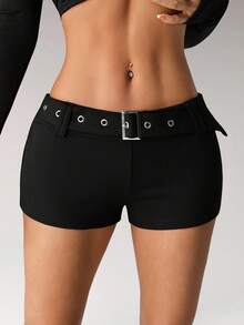 SHEIN ICON Women's Black Low-Rise Goth Metal Waist Belt Design Sexy Shorts - Black - View 3