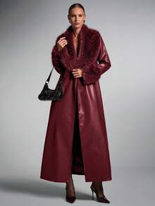 SHEIN BAE 女士时尚街头 PU 皮革拼布仿毛领超长外套，秋冬 - 酒紅色 - 查看 7