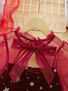 Young Girl Elegant & Cute Patchwork Mesh Long Sleeve Dress - Red - View 8