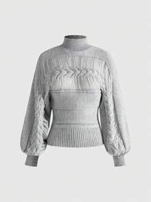 ROMWE Y2K 风格女式高领腰部收腰麻花针织毛衣，秋冬 - 灰色 - 查看 1