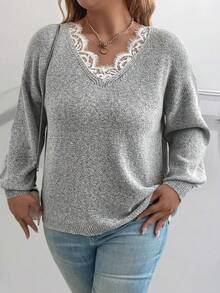 Calvaya Suéter de cuello redondo con adorno de encaje floral para mujer de talla grande - Gris - Ver 5