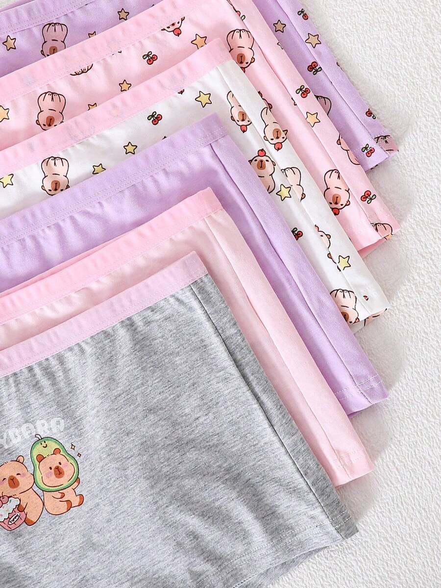 SHEIN 6 件套女童可爱俏皮卡通水豚印花棉质内裤，适合所有季节