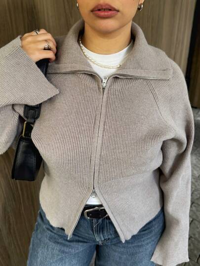 Dazy Plus Plusstorlek Dam Enfärgad Casual Dragkedja Fram Bred Slag Utsvängd Ärm Slitsad Fåll Cardigan, Höst/Vinter