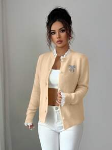 Elenzga Women's Casual Loose Fit Round Neck Ruffle & Butterfly Decor Cardigan Sweater - Khaki - View 7