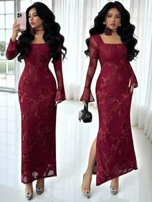 Rafferiza Elegant Burgundy Floral Embroidered Mesh Flare Sleeve High Waist Dress, Suitable For Business Meetings, Weddings, Formal Dinners, Commuting, Graduation Parties, Holidays, Dates, And Parties Long Sleeve Elegant Dress Dresses For Women Elegant Long Bodycon Maxi Dress Women Sexy Elegant Dress - Burgundy - View 1
