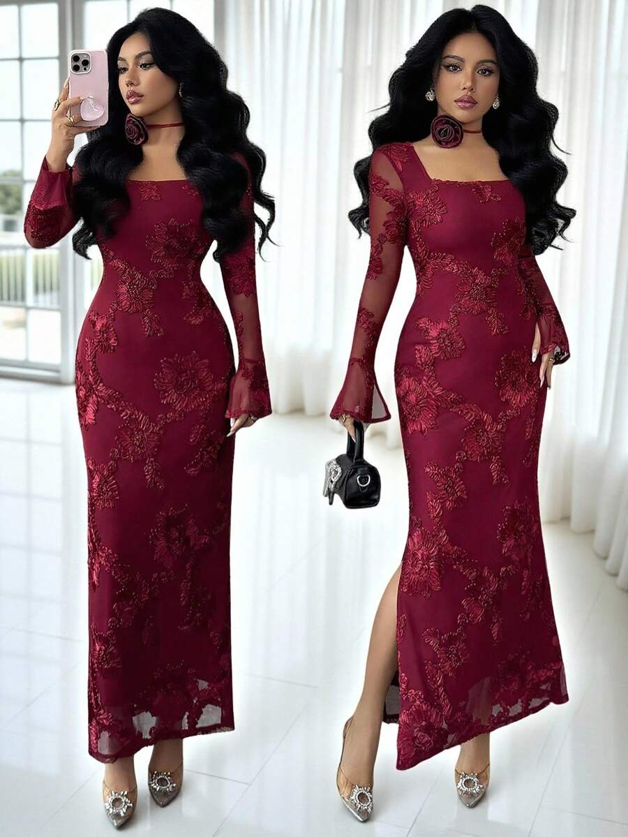 Rafferiza Elegant Burgundy Floral Embroidered Mesh Flare Sleeve High Waist Dress, Suitable For Business Meetings, Weddings, Formal Dinners, Commuting, Graduation Parties, Holidays, Dates, And Parties Long Sleeve Elegant Dress Dresses For Women Elegant Long Bodycon Maxi Dress Women Sexy Elegant Dress - Burgundy - View 1