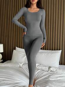 DAZY 简约纯色舒适针织圆领修身女士家居服套装，冬季服装 - 深灰色 - 查看 3