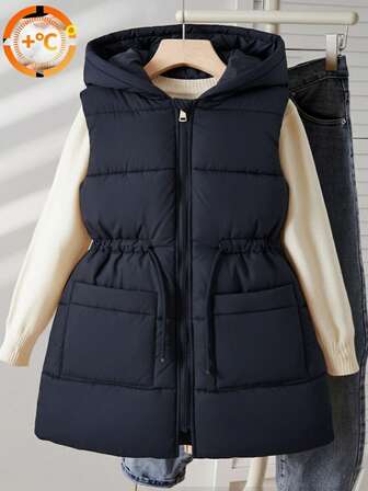 SHEIN Casuvi Kids Tween 加长连帽背心，带口袋和拉链