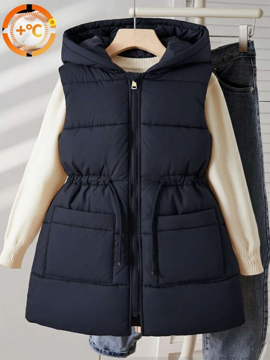 SHEIN Casuvi Kids Tween 加长连帽背心，带口袋和拉链 - 藏蓝色 - 查看 1