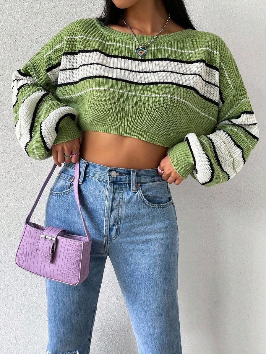 SHEIN Unity Sweater Pullover Wanita Kasual Sehari-hari dengan Motif Garis-Garis Blok Warna, Bahu Jatuh, Lengan Lentera Longgar, Model Crop, Musim Gugur/Dingin - Hijau - View 1