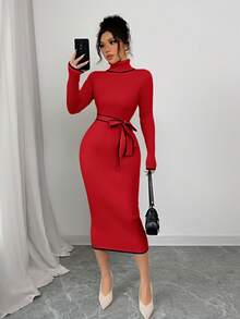 Elenzga Women's Elegant High Neck Fitted Ribbed Texture Bowknot Knit Sweater Dress - Red - View 7