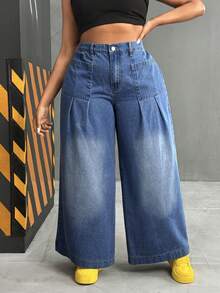 Slaydiva 冬季加大码女式牛仔风宽松蓝色牛仔裤，秋季 - 中等水洗藍 - 查看 3