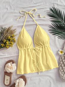 Soleia Women's Casual Resort Style Pale Yellow Semi-Sheer Halter Backless Vacation Tank Top, Suitable For Summer,Butter Yellow,Rave Top Suitable For Going Out - Yellow - View 7