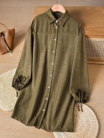 Rusticease Women's Solid Color Front Button Long Lantern Sleeve Casual Loose Versatile Mini Dress  Winter Clothes For Women