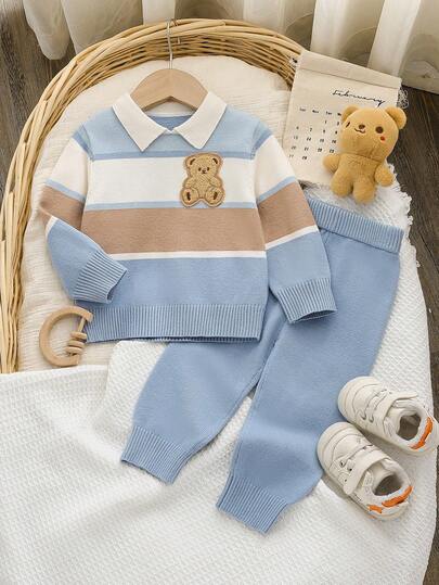 Chłopięcy sweterek i spodnie w paski z uroczym misiem, 2 sztuki, wygodny zestaw na co dzień, na imprezy i codzienne aktywności jesienią/zimą