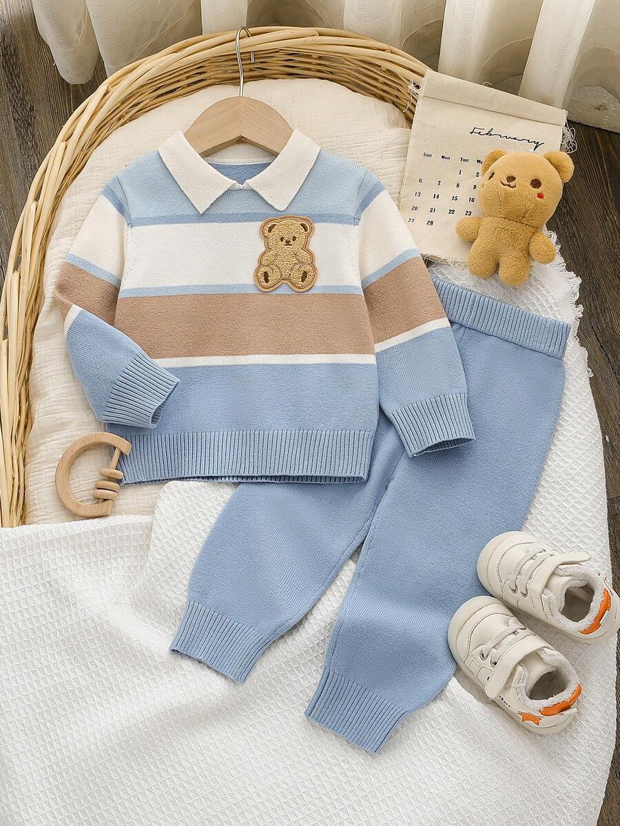 Chłopięcy sweterek i spodnie w paski z uroczym misiem, 2 sztuki, wygodny zestaw na co dzień, na imprezy i codzienne aktywności jesienią/zimą