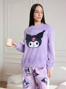 HELLO KITTY AND FRIENDS | SHEIN 女士舒适休闲可爱卡通刺绣宽松蓬松上衣和棋盘格长裤睡衣套装，秋冬款