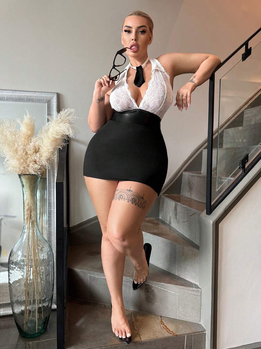 2 件办公室女士制服，深 V 领，性感，LadyBoss 女仆领带，花卉蕾丝，色块，黑白，可穿外套，适合酒吧、派对，大码内衣