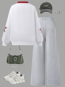 Sparklyn 2 件套女孩休闲时尚街头风格数字和英文字母星星图案 V 领宽松长袖上衣和阔腿运动裤运动套装，日常穿着 - 彩色 - 查看 2