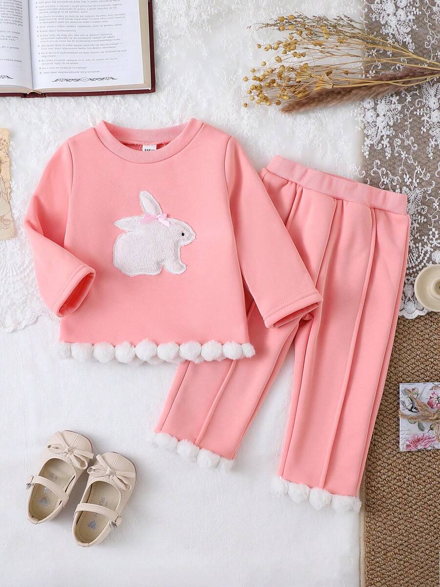 SHEIN Baby Girls' Casual Cute Rabbit Embroidery Fuzzy Hem Round Neck Long Sleeve Knit Top And Flare Leg Pants Set, Autumn/Winter - Pink - View 1