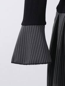 SHEIN Sweetra Young Teenager Mädchen Pendler Schwarz Strick Patchwork gestreiftes Volant Saum Langarm Kleid, vielseitig für Frühling & Herbst - Schwarz - Übersicht 5